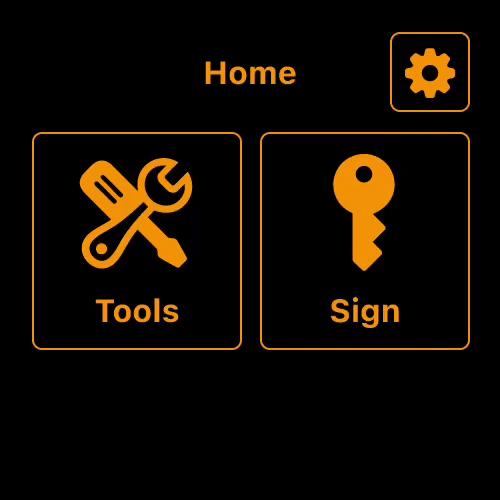 Early Figma prototype of the SeedSigner UI with a 2x2 grid home screen featuring Home, Tools, and Sign icons