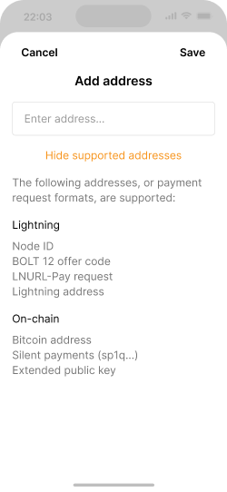 Address entry screen with expanded information about supported addresses