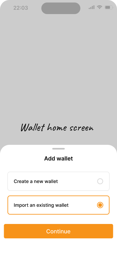 Screen for choosing whether to create a new wallet or import an existing one. Importing is the selected option.